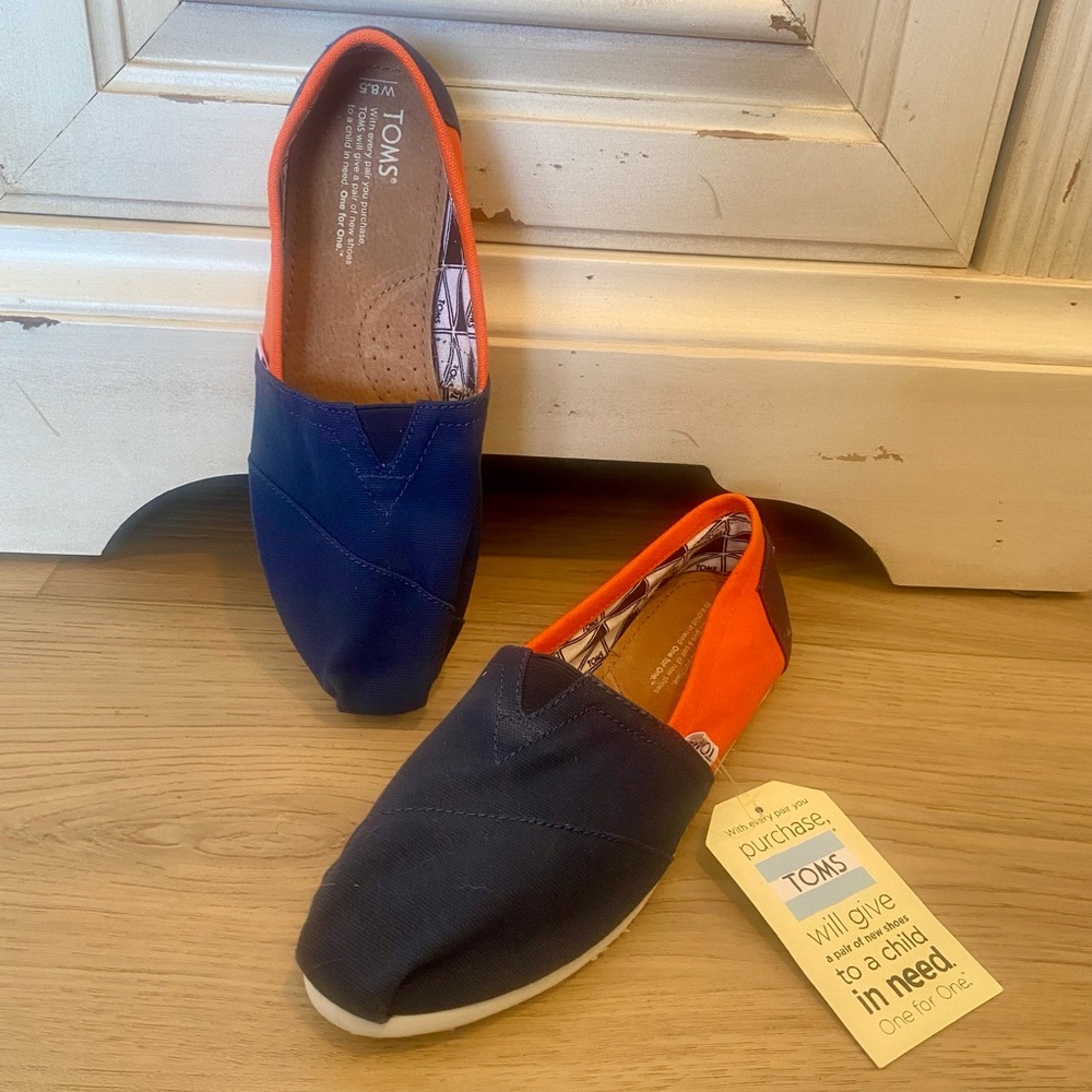 Toms, Navy & Orange canvas slip-ons, 8.5 Women’s